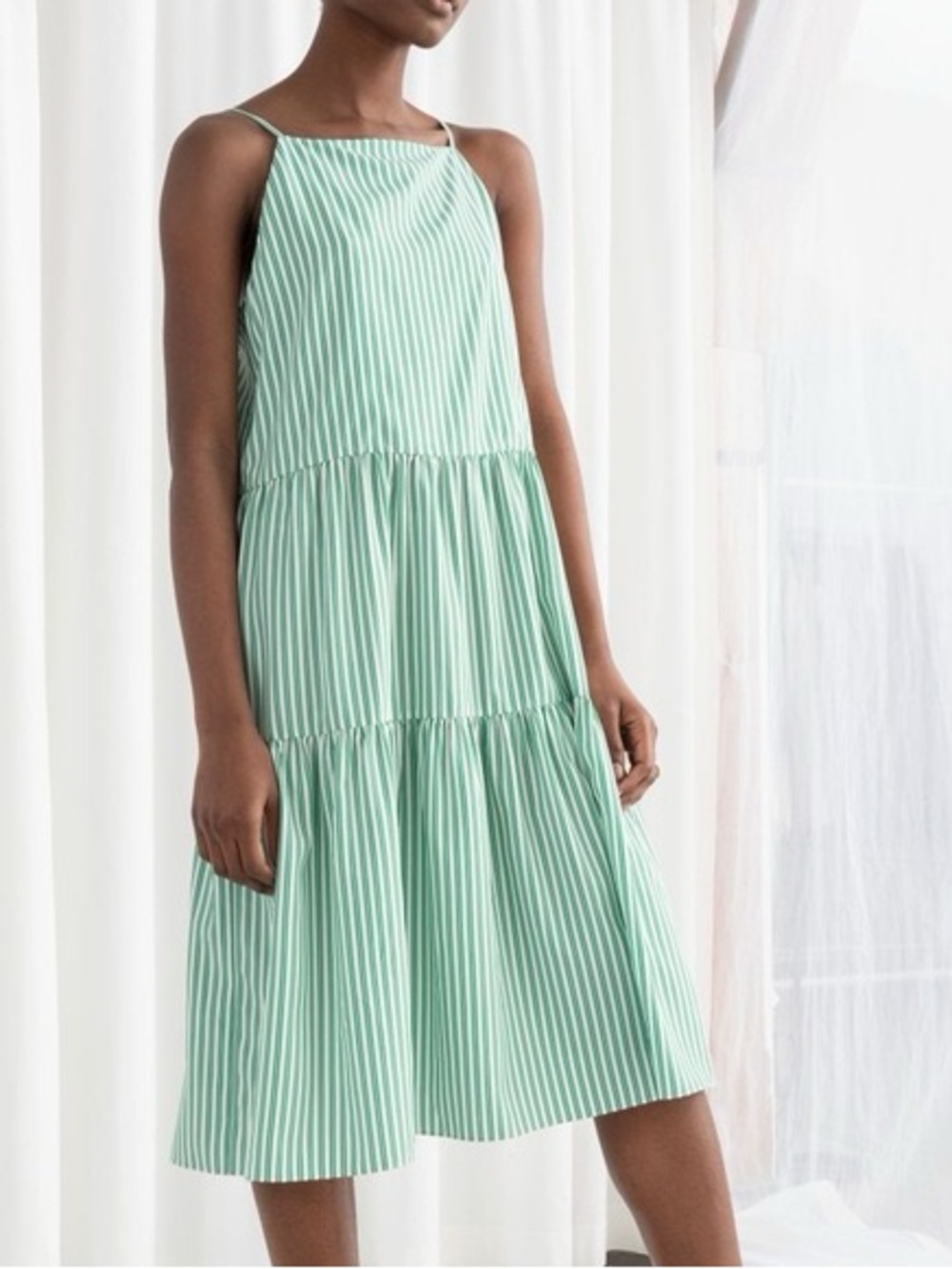 And Other Stories Green Striped Tiered Midi Sundress